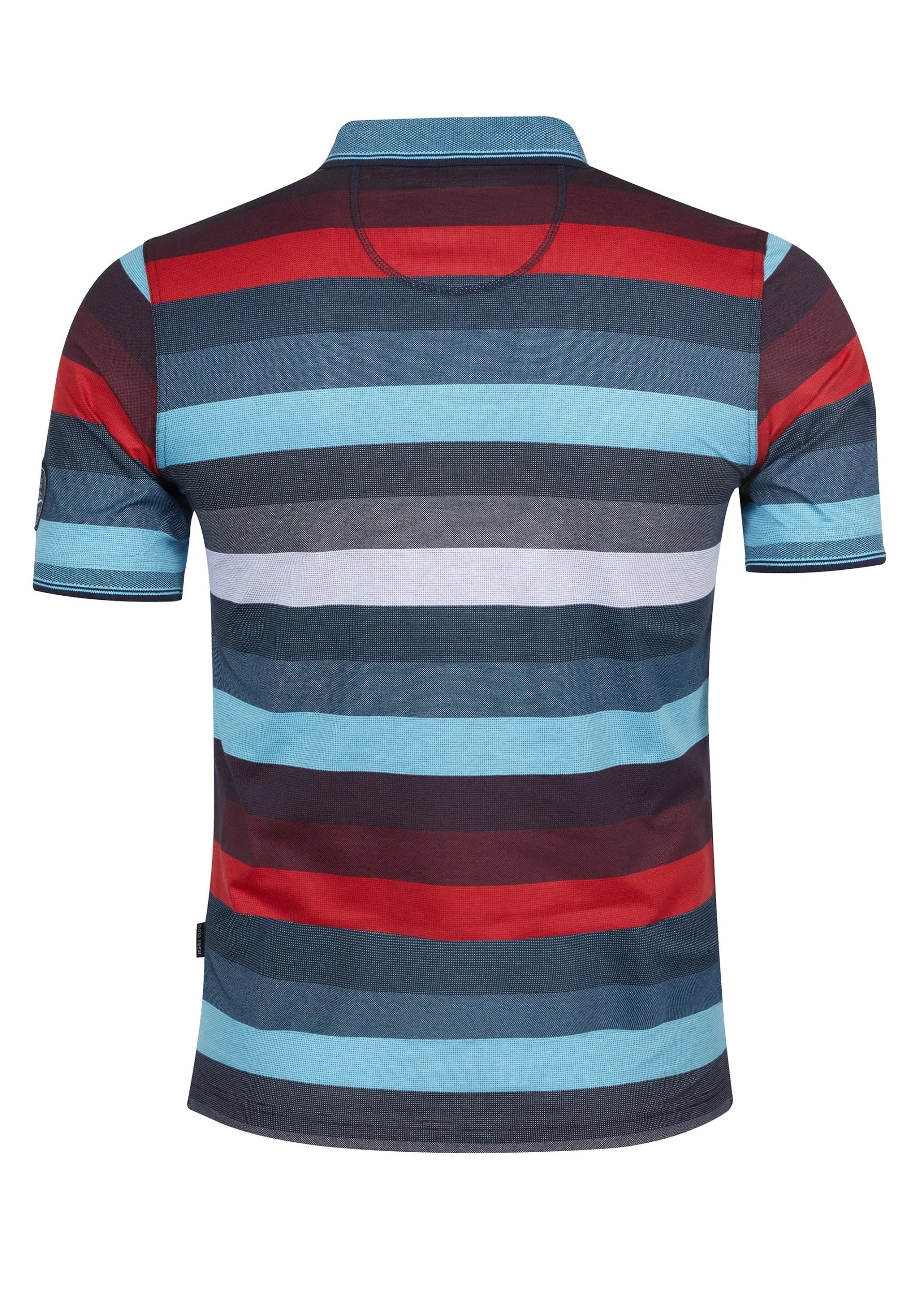 Gestreiftes Poloshirt mit roten, blauen und grauen Streifen auf dunklem Grund.