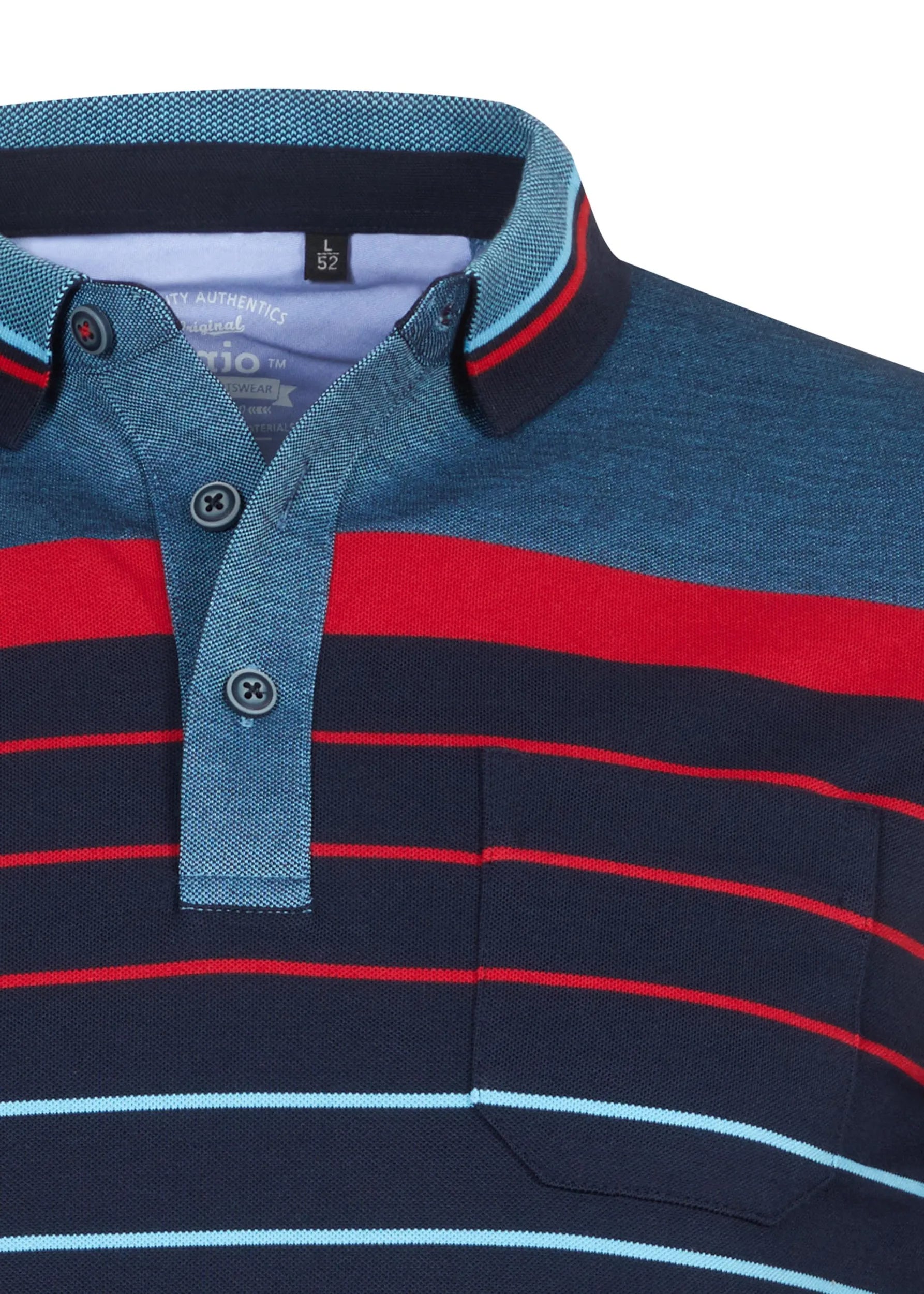 Marineblaues Poloshirt mit roten und hellblauen Streifen, Button-Down-Kragen, Taschendetail.