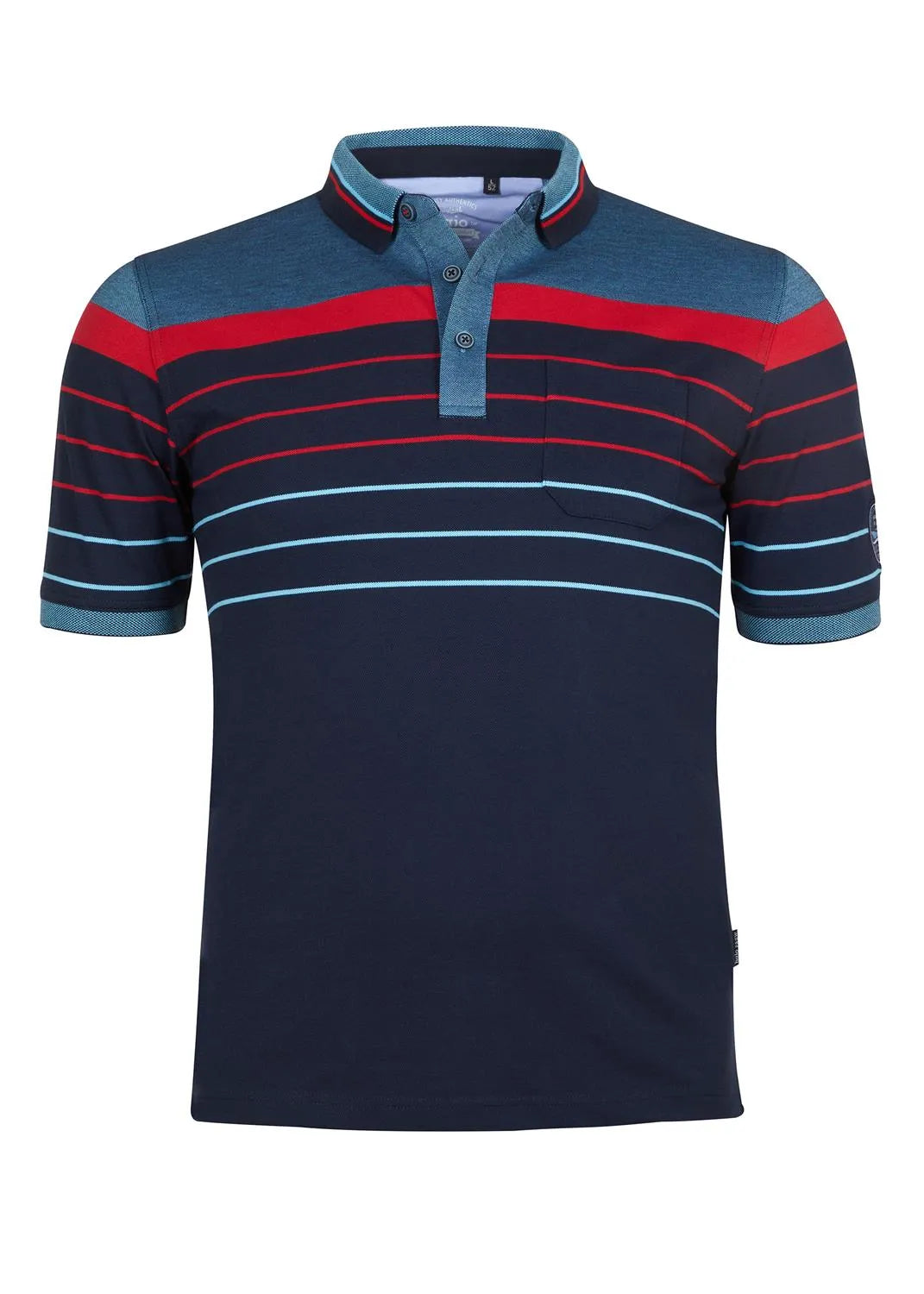 Marineblaues Poloshirt mit roten und blaugrünen Streifen, kurze Ärmel, Kragen, aus Baumwolle.