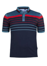 Marineblaues Poloshirt mit roten und blaugrünen Streifen, kurze Ärmel, Kragen, aus Baumwolle.