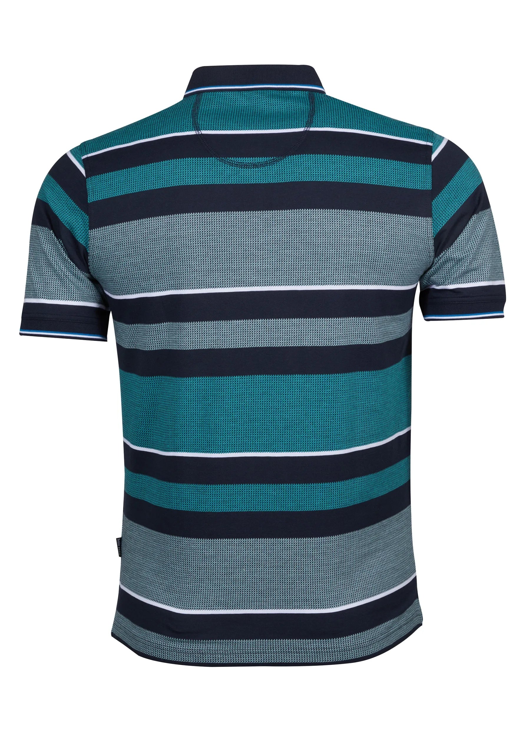 Blaugrün und marineblau gestreiftes Poloshirt mit strukturiertem Muster.