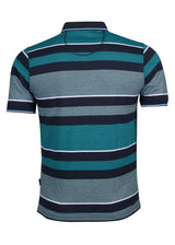 Blaugrün und marineblau gestreiftes Poloshirt mit strukturiertem Muster.