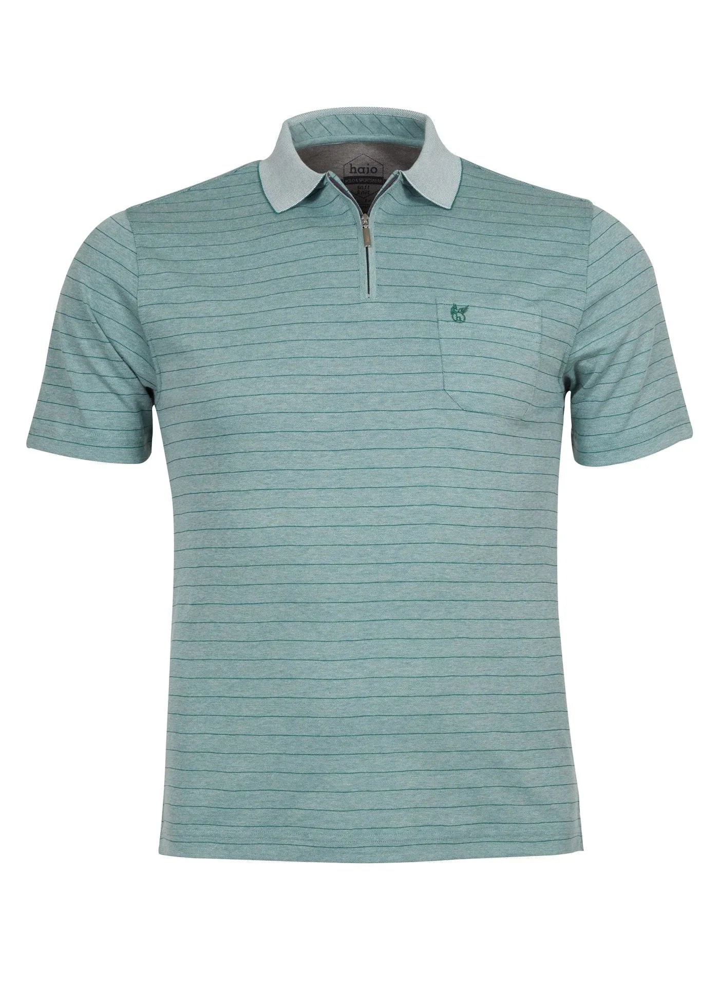 Mintgrün gestreiftes Poloshirt mit weißem Kragen und kleinem gesticktem Logo.
