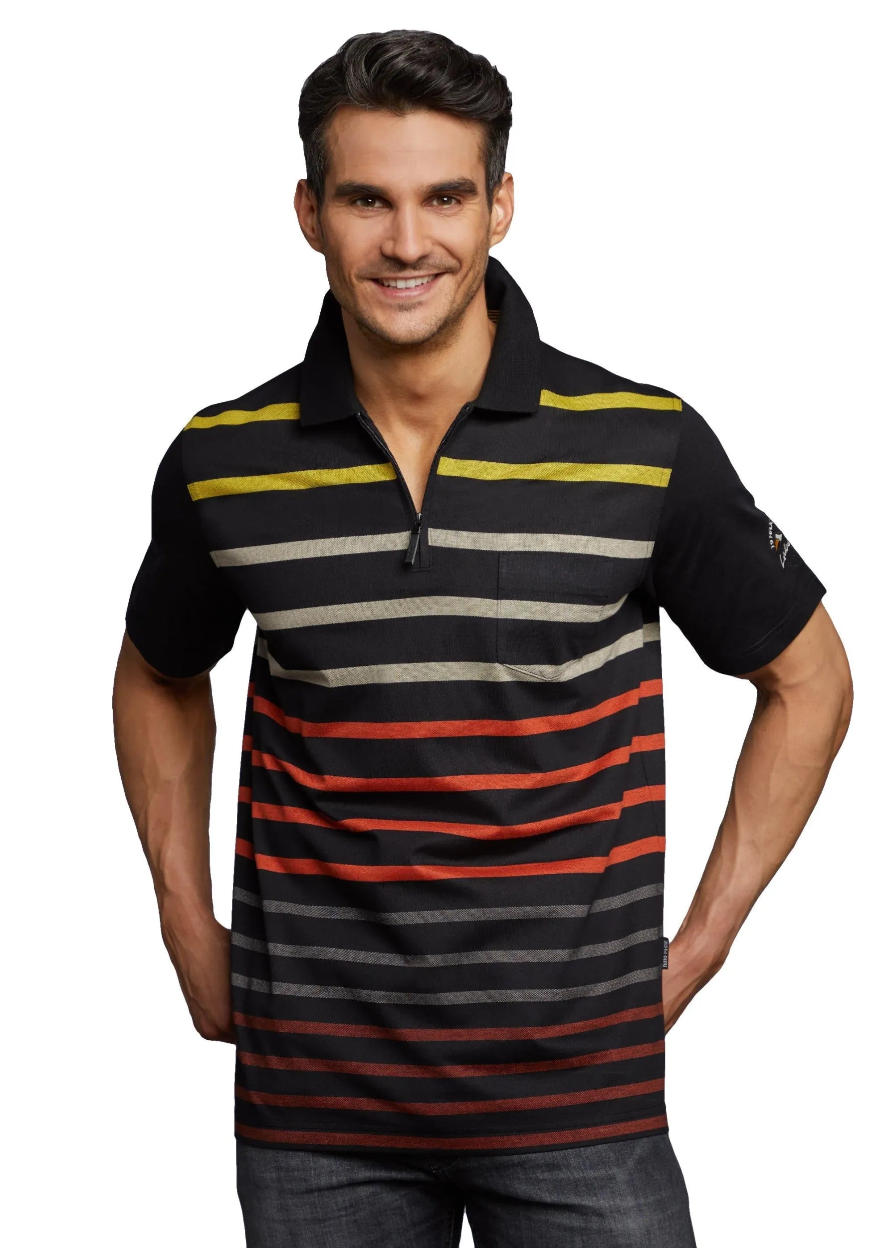 Gestreiftes Poloshirt mit schwarzem Hintergrund und mehrfarbigen Streifen, wahrscheinlich aus Baumwolle oder einem Polyestergemisch.