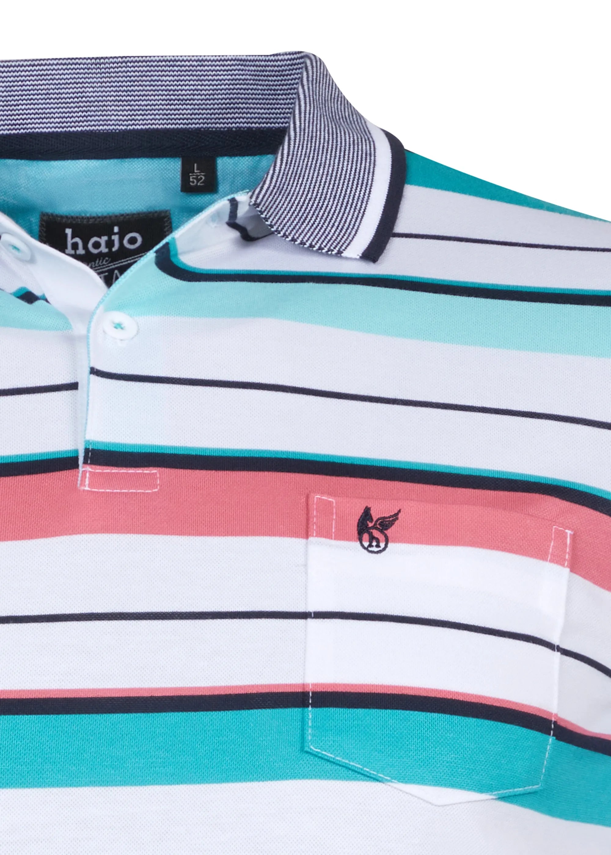 Halio-Poloshirt mit Streifenmuster in Petrol, Koralle und Weiß.