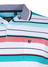 Halio-Poloshirt mit Streifenmuster in Petrol, Koralle und Weiß.