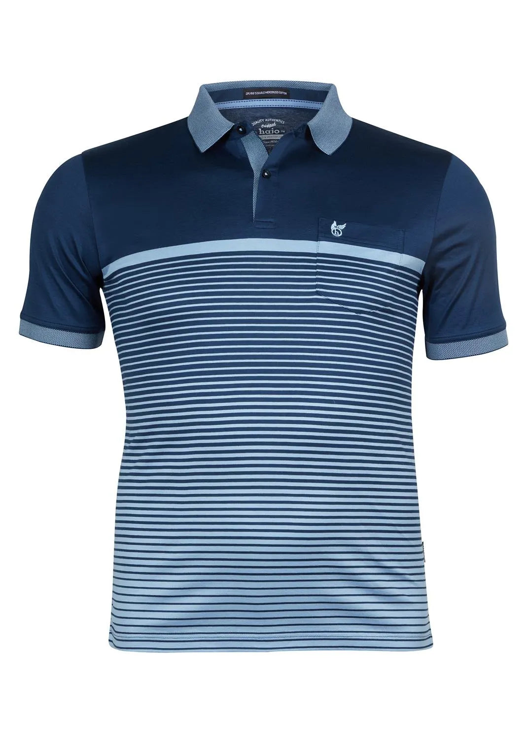 Marineblaues Poloshirt mit weißen und hellgrauen Streifen, kurzen Ärmeln, Kragen und gesticktem Fuchslogo auf der linken Brust.