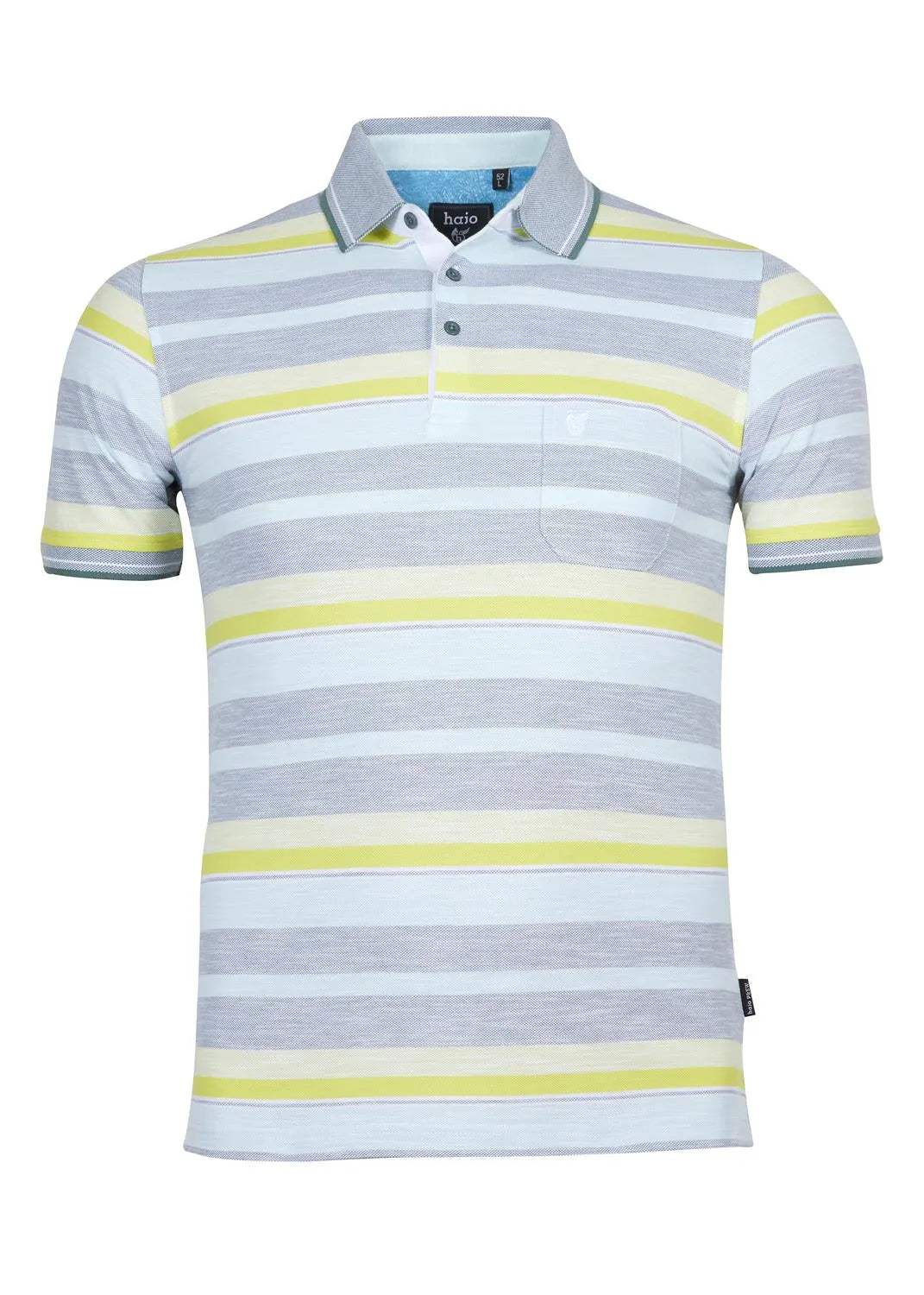 Gestreiftes Poloshirt mit gelben und grauen Streifen, aus Baumwolle.