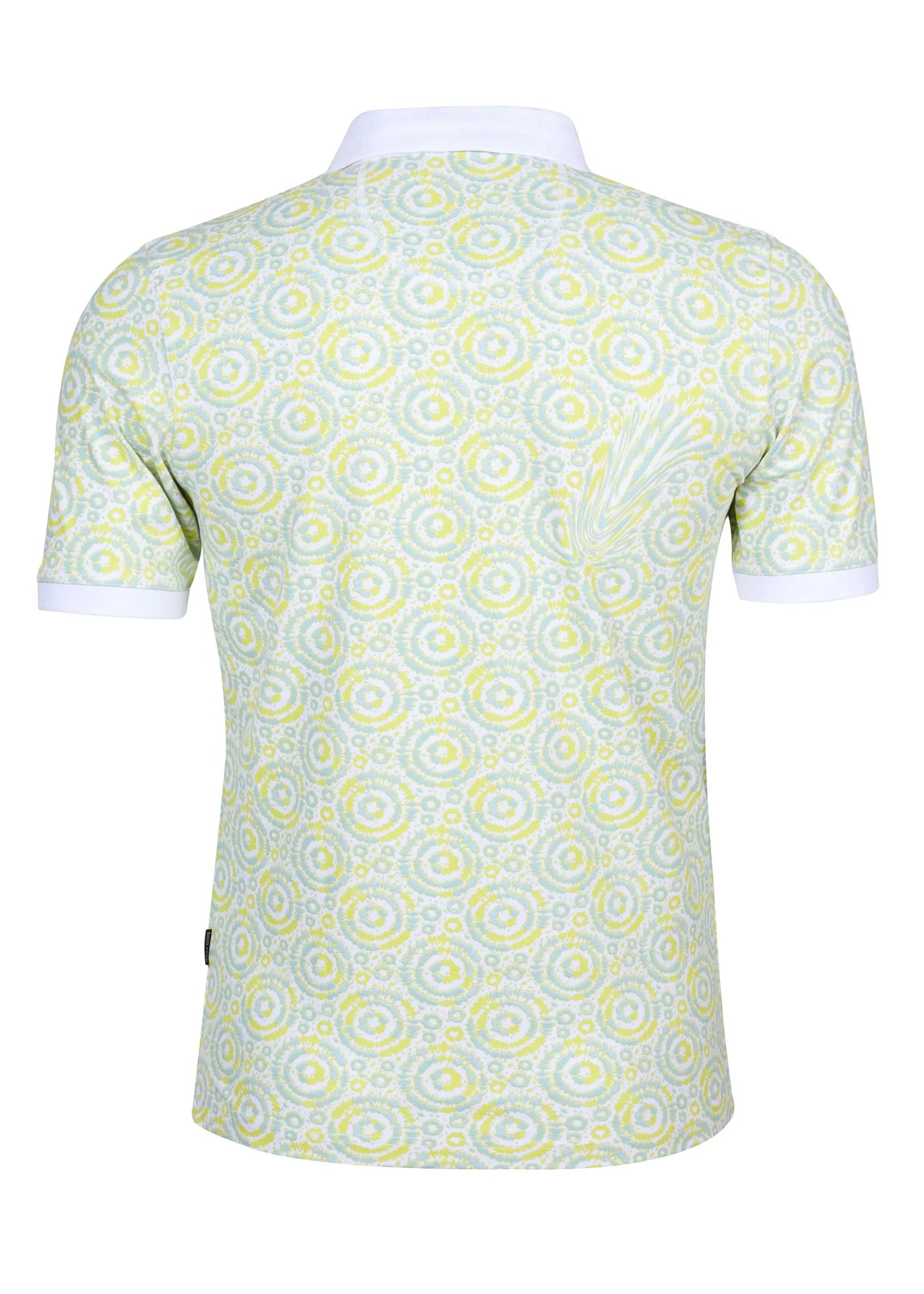 Hellgrünes Poloshirt mit weißem Kragen und Manschetten, mit einem kreisförmigen Muster.
