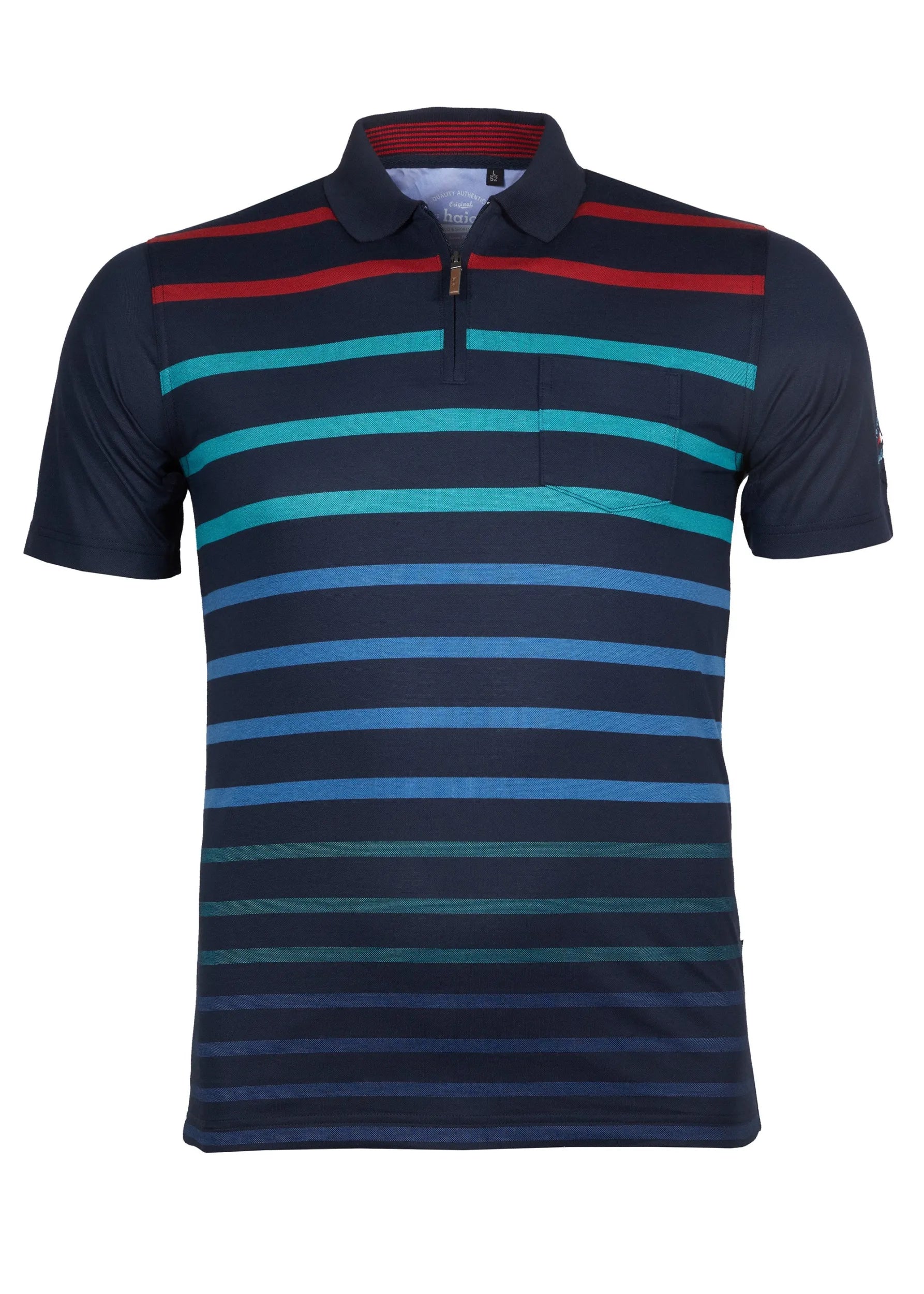 Marineblaues Poloshirt mit mehrfarbigen Querstreifen und Reißverschlussdetail.