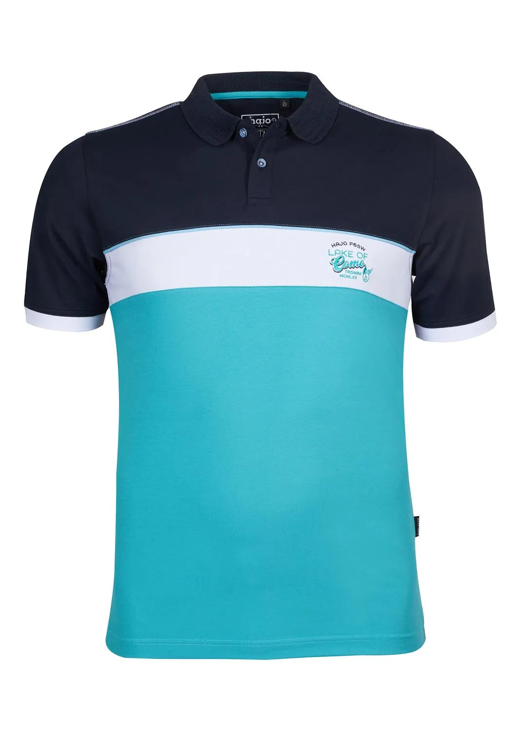 Poloshirt mit marineblauem, weißem und blaugrünem Farbblockdesign.