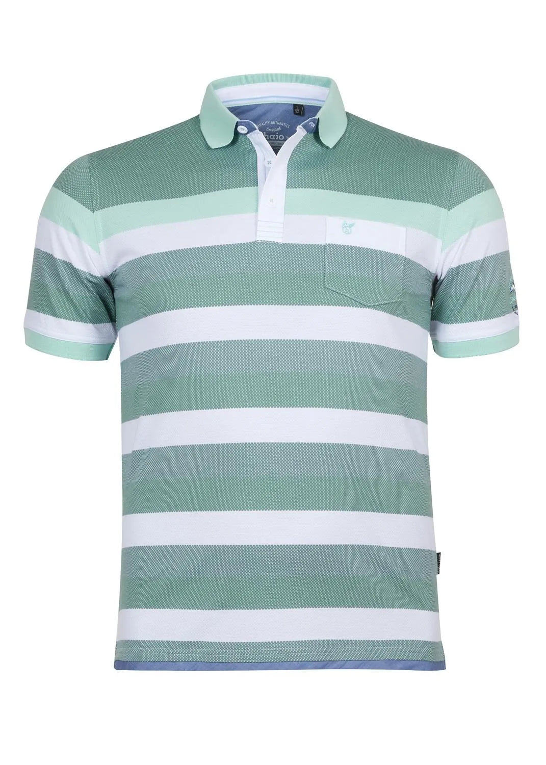 Mintgrün-weiß gestreiftes Poloshirt mit Tasche, kurzen Ärmeln und Kragen.