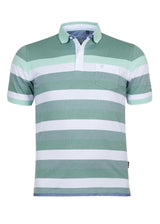 Mintgrün-weiß gestreiftes Poloshirt mit Tasche, kurzen Ärmeln und Kragen.