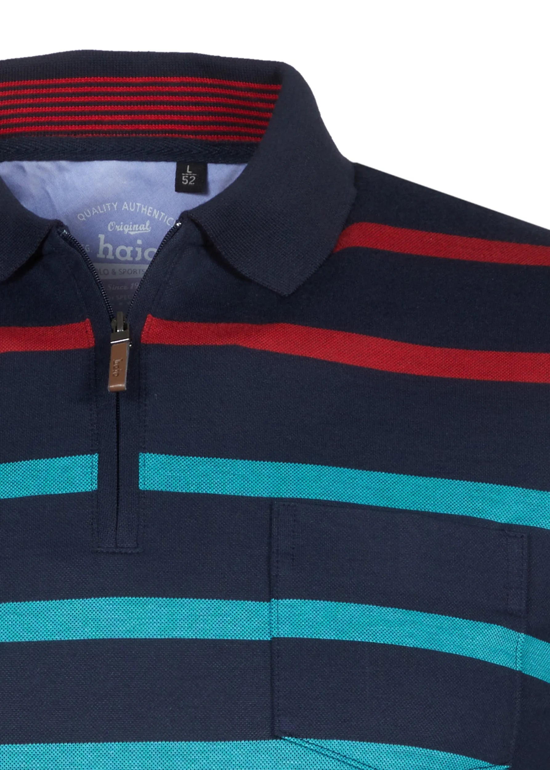 Marineblaues Poloshirt mit roten und blaugrünen Streifen, Kragen mit halbem Reißverschluss, aus Baumwolle.