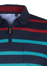 Marineblaues Poloshirt mit roten und blaugrünen Streifen, Kragen mit halbem Reißverschluss, aus Baumwolle.