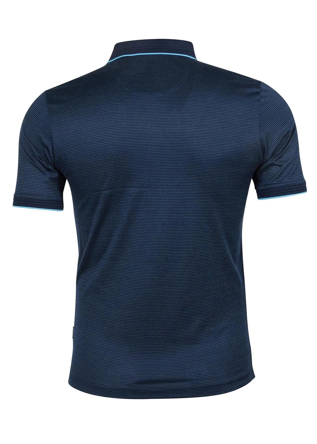 Marineblaues Poloshirt mit kurzen Ärmeln und Streifenmuster, mit Kontrastnähten am Kragen.