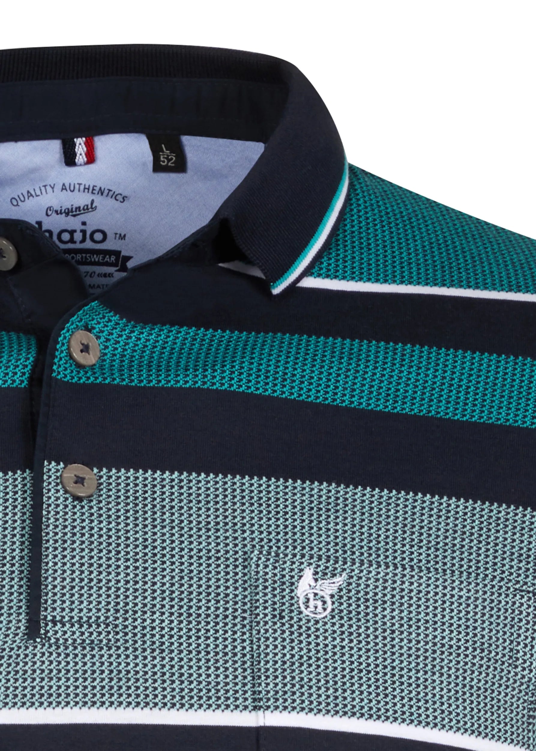 Lacoste Polohemd mit marine- und blaugrünen Streifen, Button-Down-Kragen, Rippenbündchen.