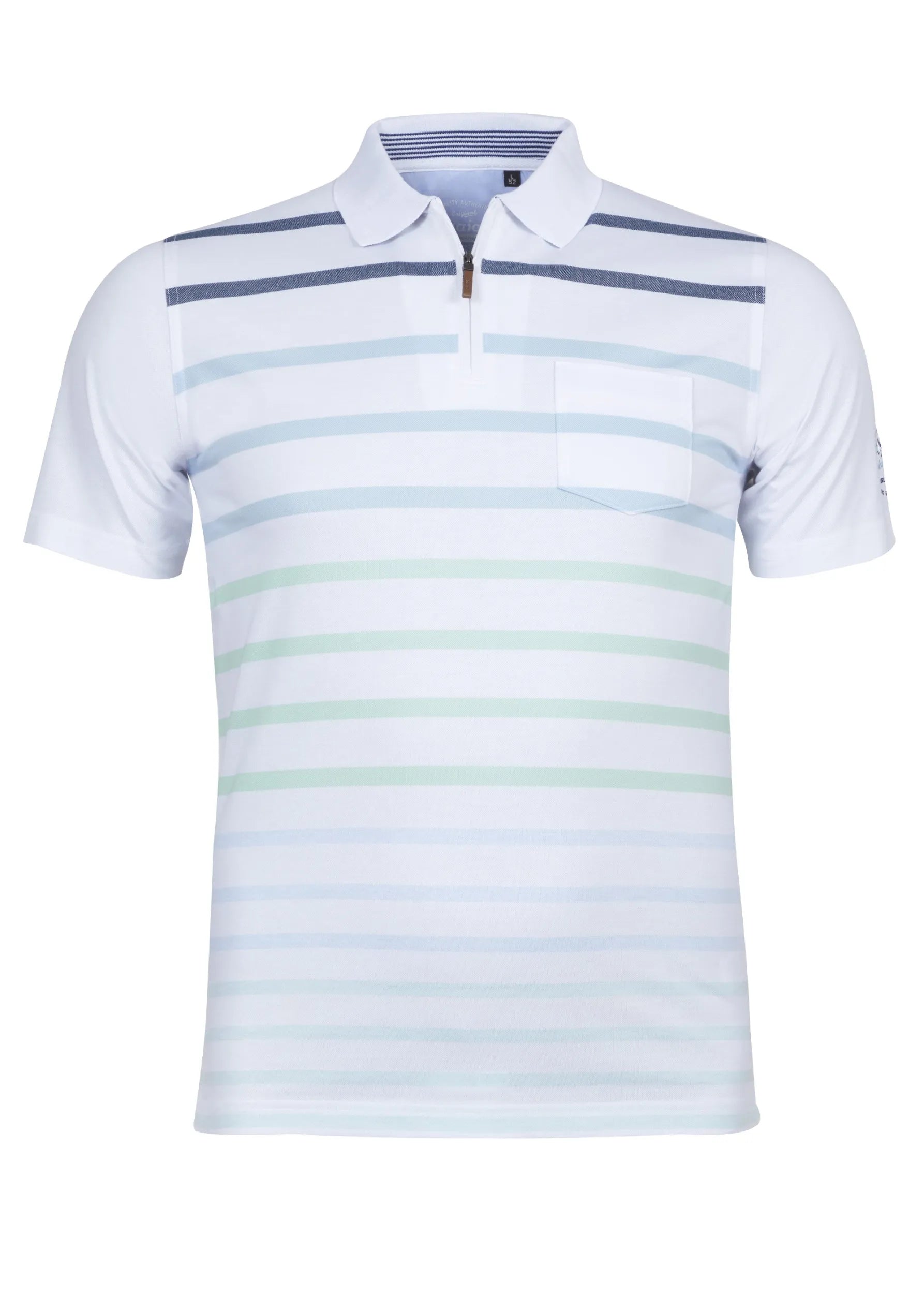 Weißes Poloshirt mit blauen und grünen Streifen, kurze Ärmel, Kragen, Knopfleiste mit Reißverschluss.