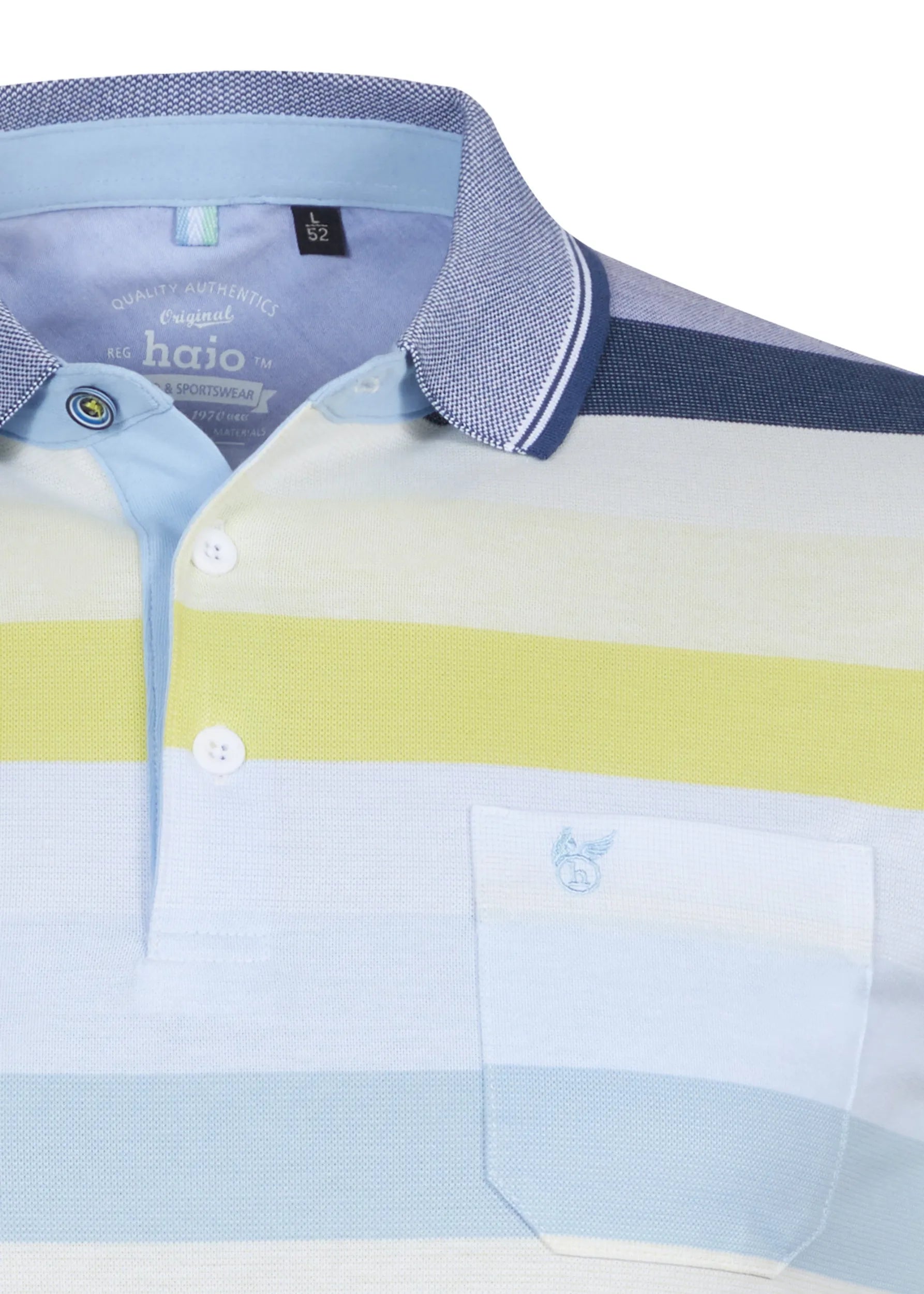 Halo gestreiftes Poloshirt mit marineblauen und gelben Streifen, aus Baumwolle.