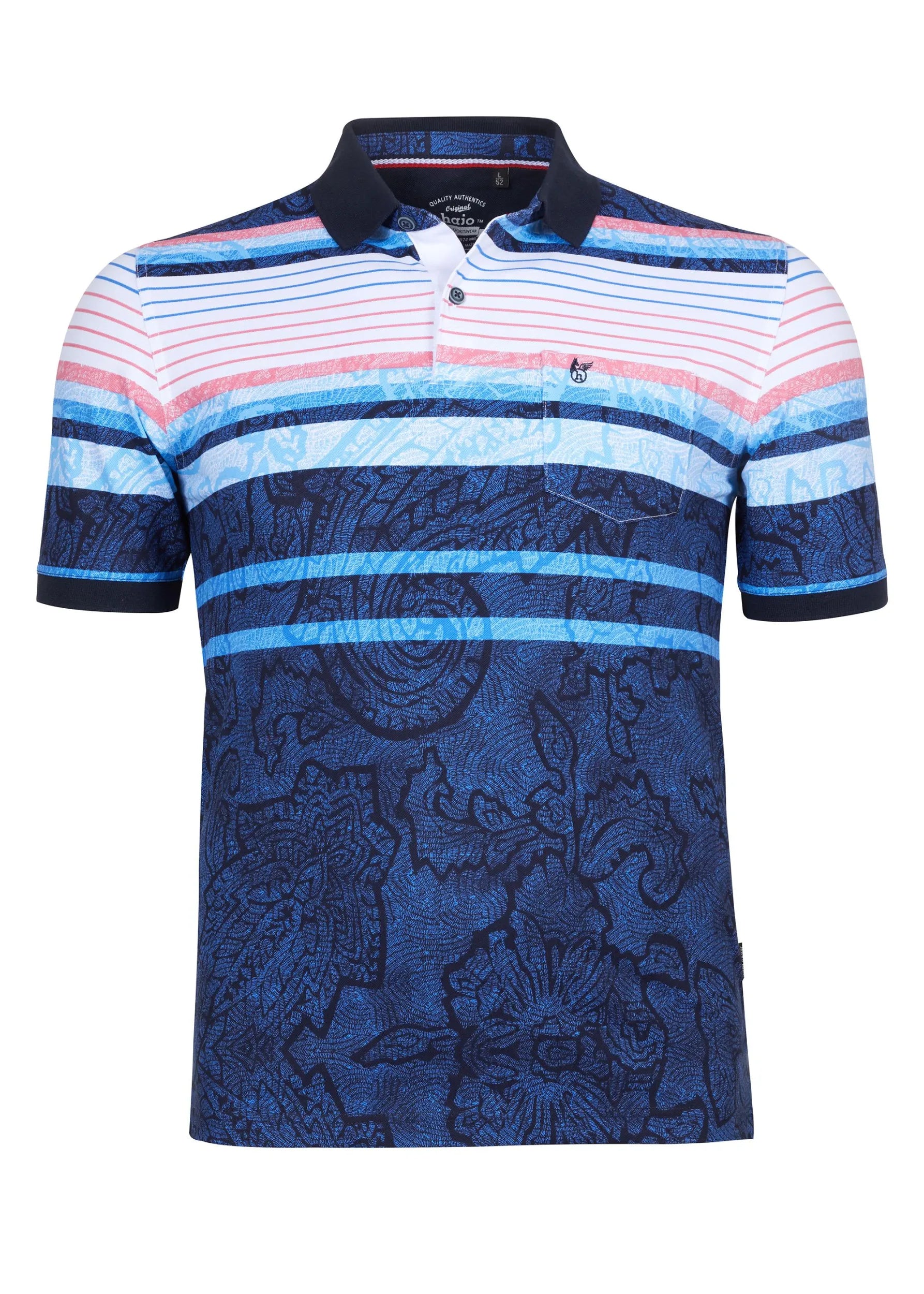 Blau und rosa gestreiftes Poloshirt mit detailliertem Drachenmuster auf der Vorderseite.