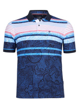 Blau und rosa gestreiftes Poloshirt mit detailliertem Drachenmuster auf der Vorderseite.