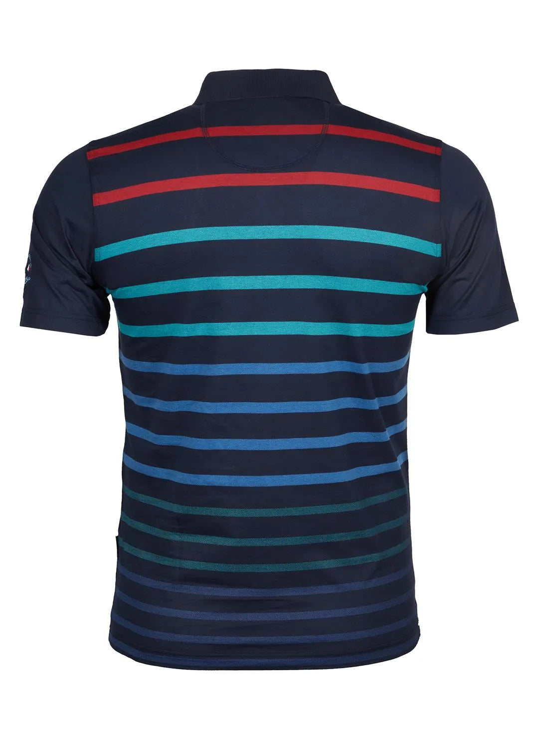 Marineblaues Poloshirt mit roten, grünen und blaugrünen Streifen