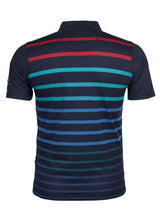 Marineblaues Poloshirt mit roten, grünen und blaugrünen Streifen