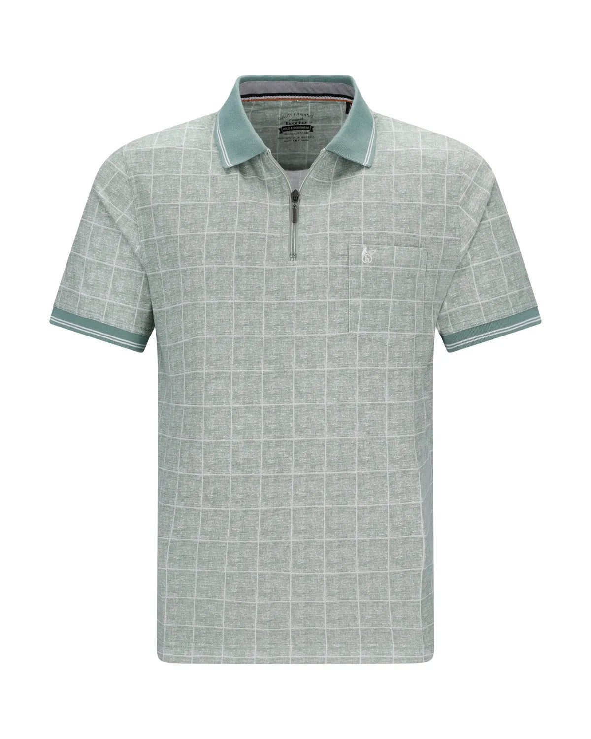 Hellgrünes Poloshirt mit Karomuster und Kontrastbesatz.