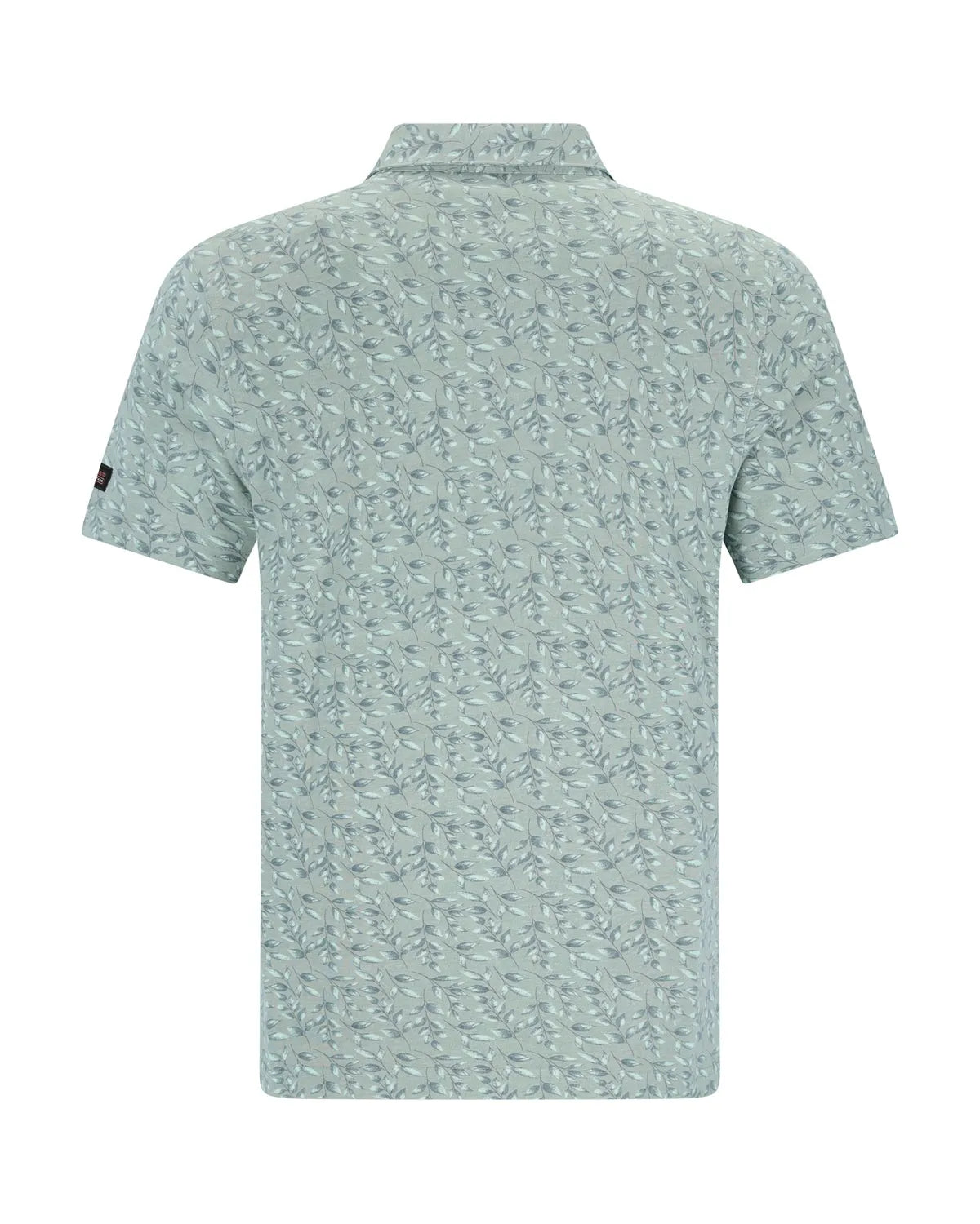 Mintgrünes geblümtes Poloshirt mit kurzen Ärmeln und Kragen.
