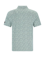 Mintgrünes geblümtes Poloshirt mit kurzen Ärmeln und Kragen.