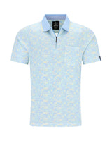 Hellblaues Poloshirt mit kleinem Blumenmuster und kurzen Ärmeln, aus Baumwolle.