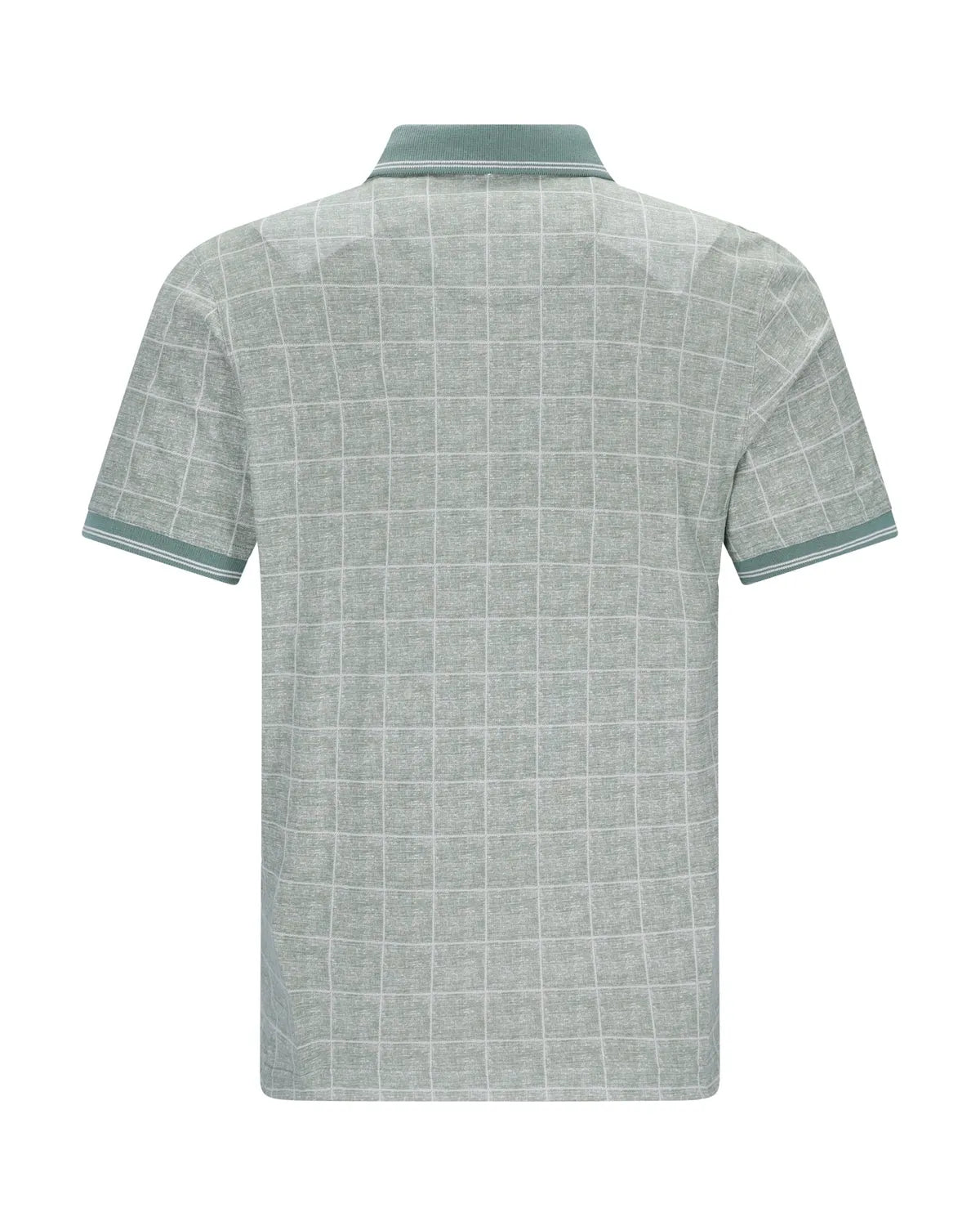 Hellgrünes Poloshirt mit geometrischem Muster und Kontrastnähten, wahrscheinlich aus Baumwoll- oder Polyestergemisch.