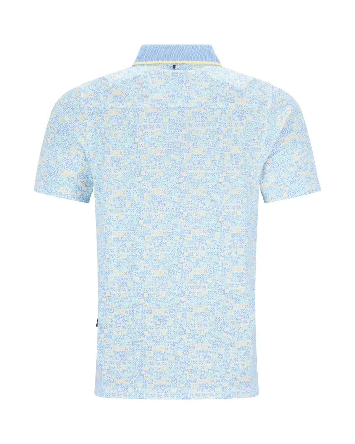 Hellblaues Poloshirt mit Blumenmuster und Kontrastkragen, aus Baumwolle.