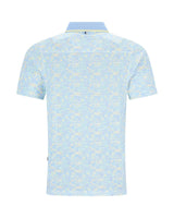 Hellblaues Poloshirt mit Blumenmuster und Kontrastkragen, aus Baumwolle.