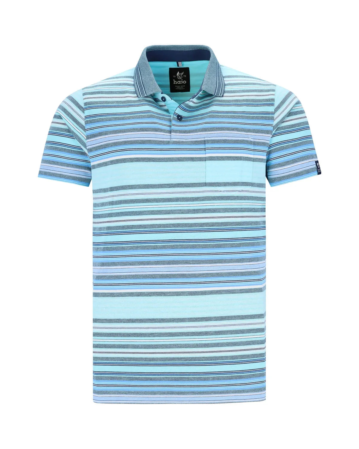 Blau gestreiftes Poloshirt mit kurzen Ärmeln und Kragen, aus Baumwolle.