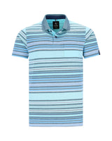 Blau gestreiftes Poloshirt mit kurzen Ärmeln und Kragen, aus Baumwolle.