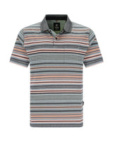 Gestreiftes Poloshirt mit kurzen Ärmeln und Kragen, mit einer Mischung aus grau, rosa, blau, weiß, schwarz Farben.