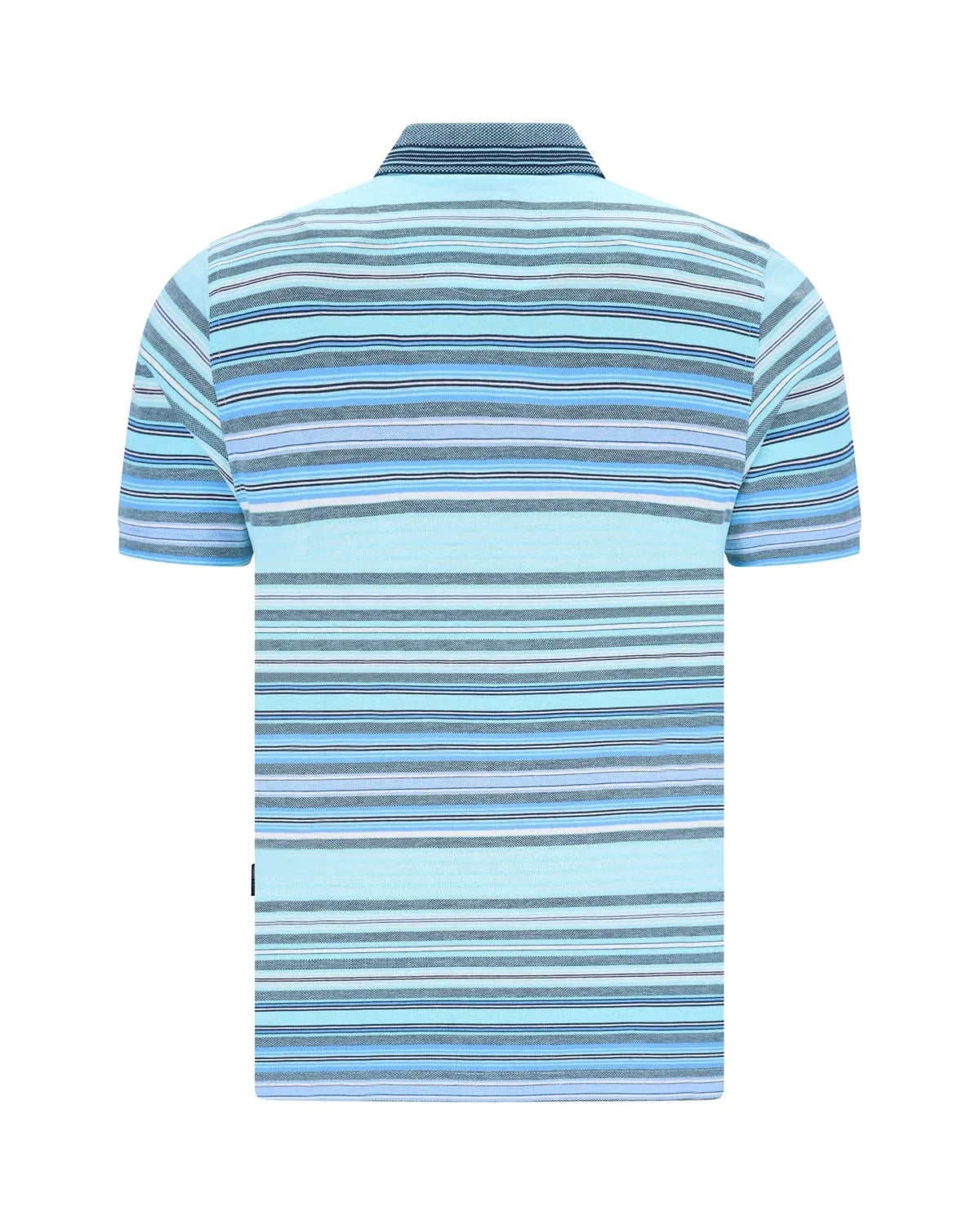 Blau gestreiftes Polohemd mit kurzen Ärmeln und Kragen, wahrscheinlich aus Baumwolle oder Polyestergemisch.