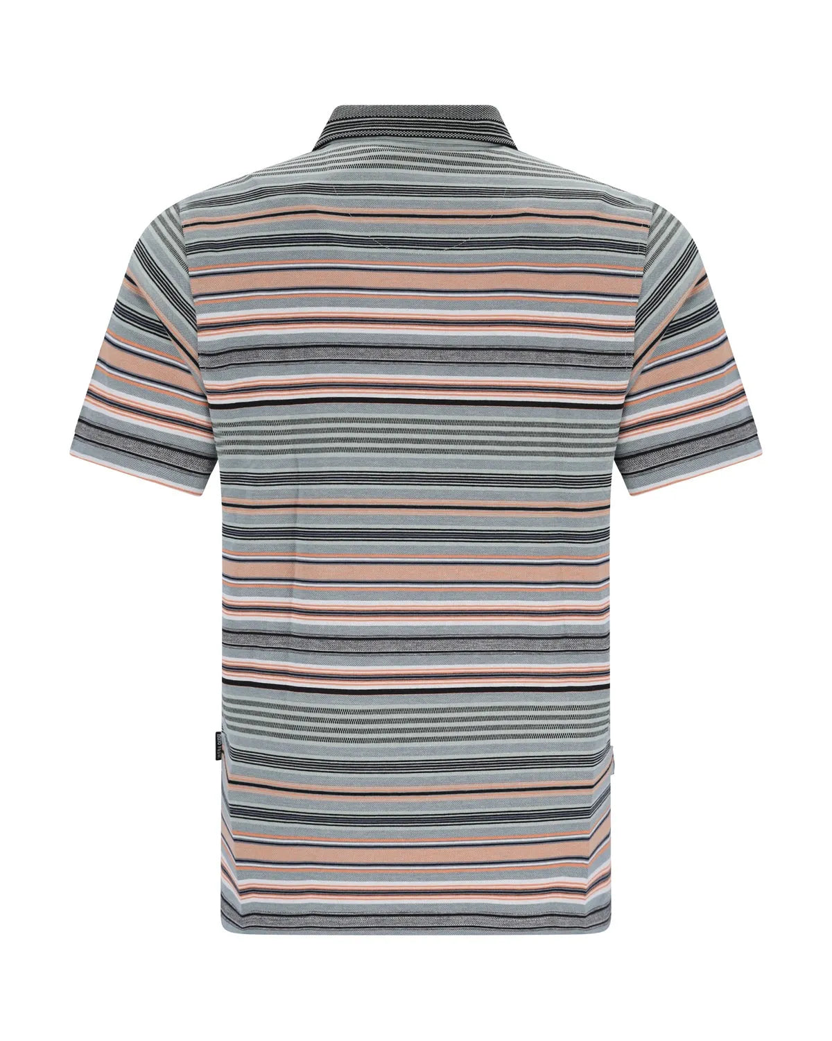 Gestreiftes Poloshirt mit kurzen Ärmeln und Kragen in den Farben Grau, Rosa, Blau, Weiß, Schwarz und Grün.