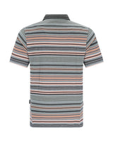 Gestreiftes Poloshirt mit kurzen Ärmeln und Kragen in den Farben Grau, Rosa, Blau, Weiß, Schwarz und Grün.