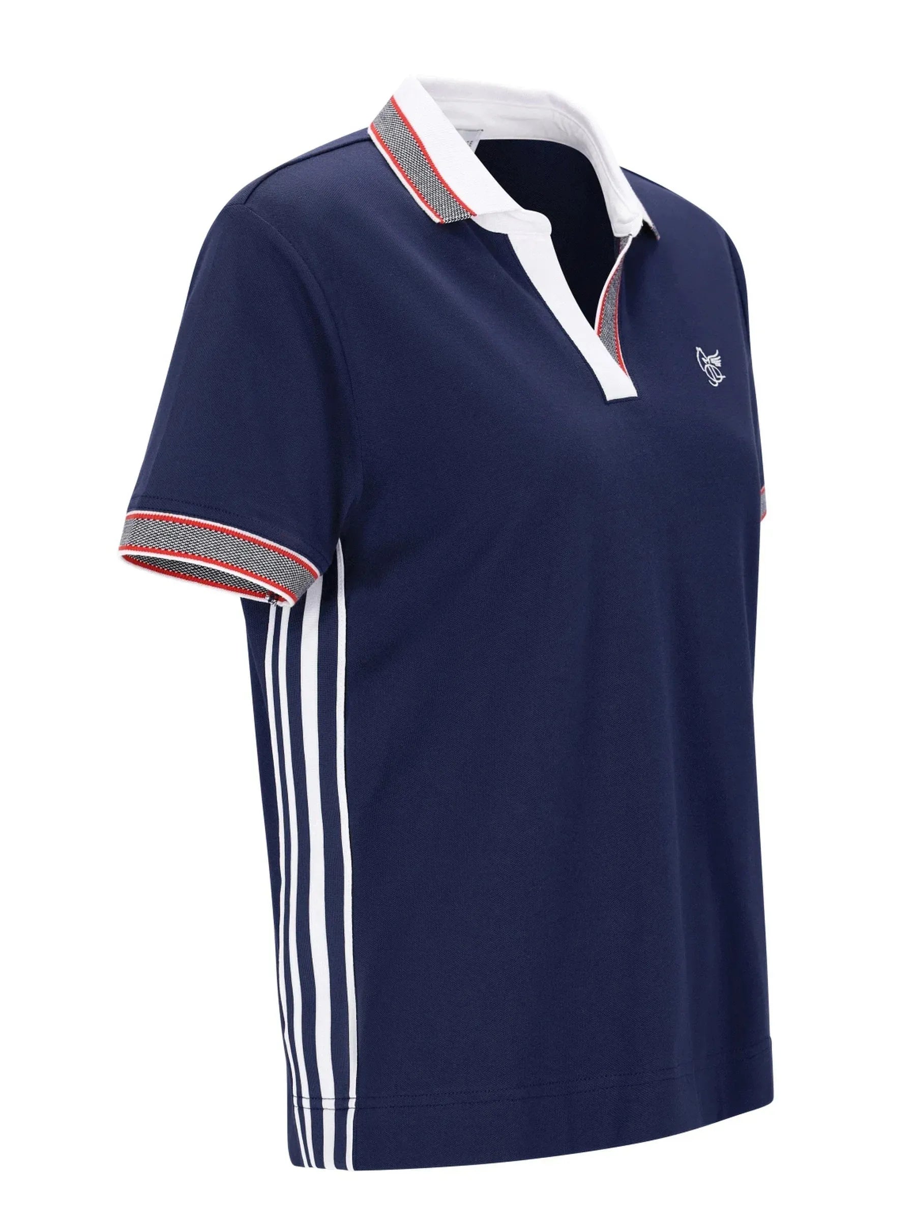 Marineblaues Poloshirt Feinpiqué 1/2 Arm stay fresh® mit weißem Kragen, Bündchen und Seit stripes