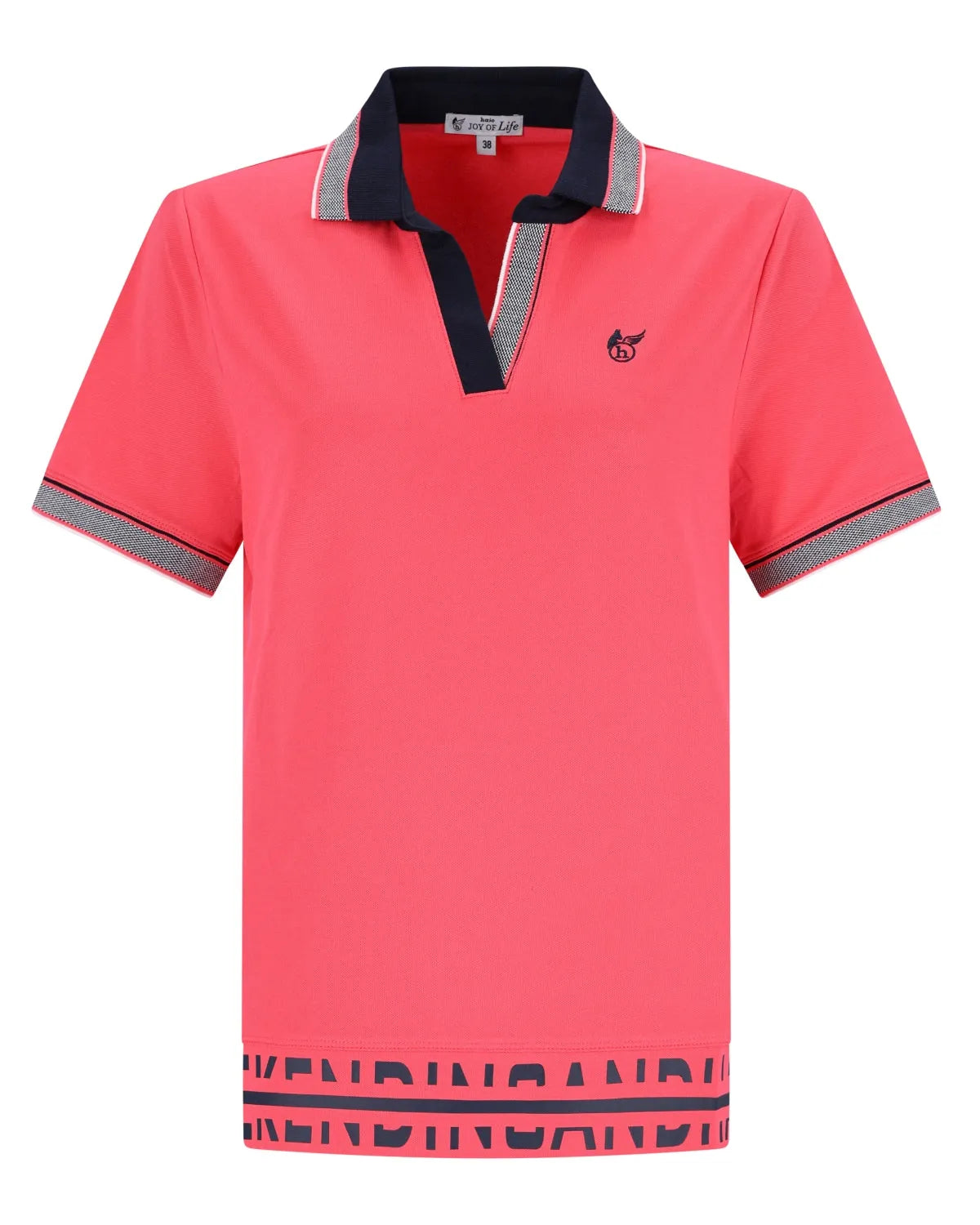 Rosa Lacoste-Poloshirt mit marineblauem Kragen und Manschetten, weißes Logo auf der Brust.