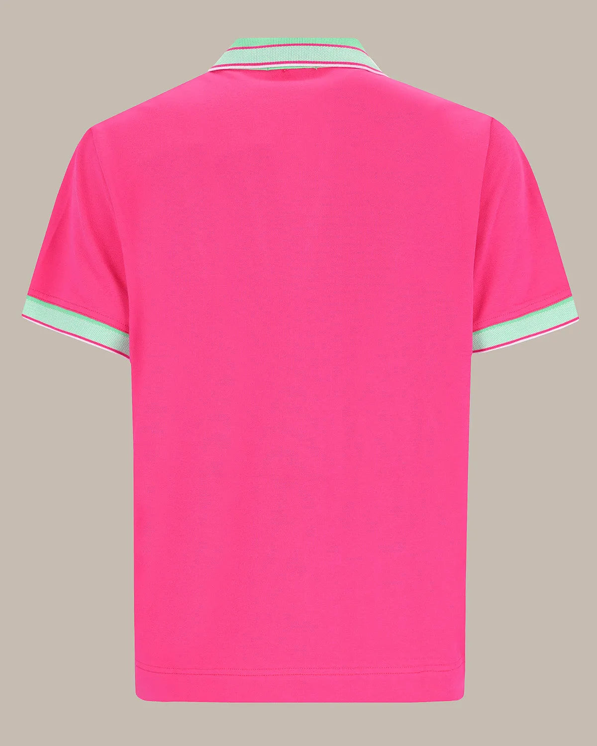 Neonpinkes Poloshirt mit mintgrünem Besatz und Kragen, aus Baumwolle.