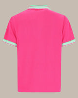 Neonpinkes Poloshirt mit mintgrünem Besatz und Kragen, aus Baumwolle.