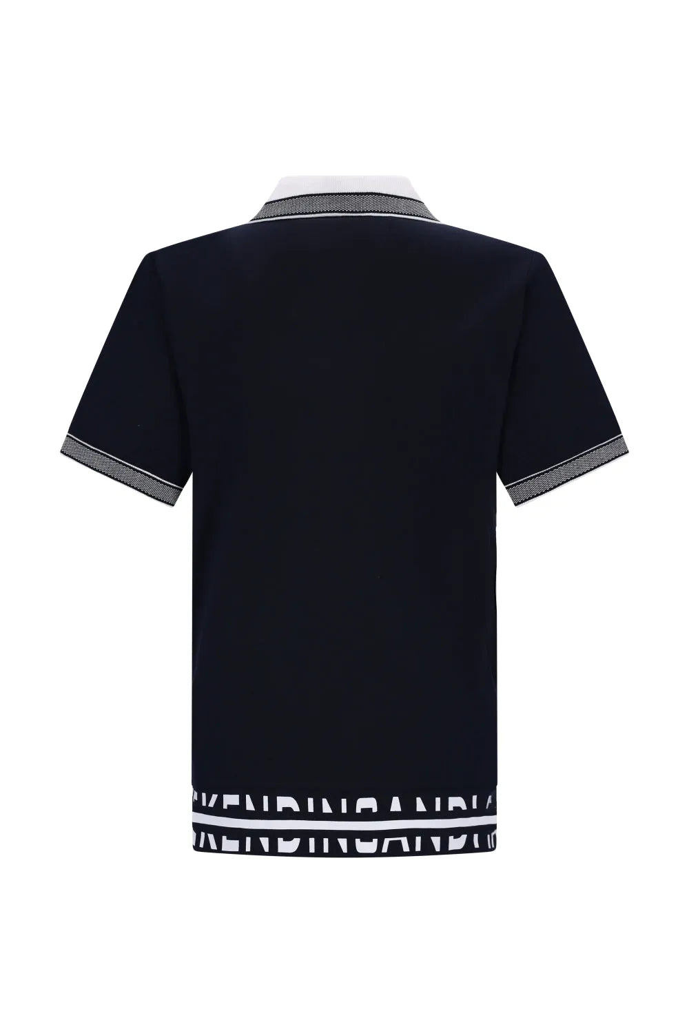 Marineblaues Poloshirt mit weißem und grauem Besatz und gemustertem Saum.