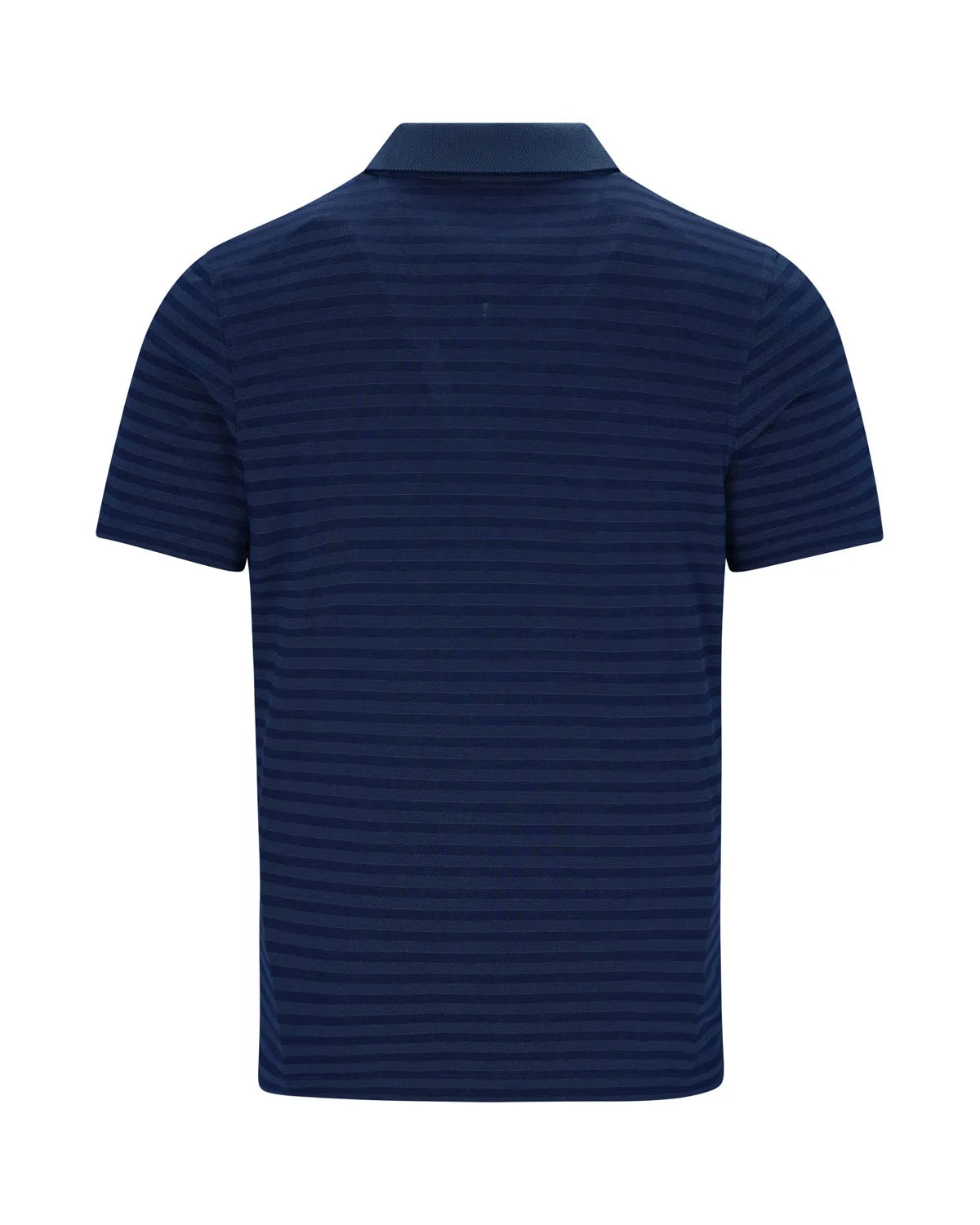 Marineblau gestreiftes Polohemd mit kurzen Ärmeln und Kragen, wahrscheinlich aus Baumwolle oder Polyestergemisch.