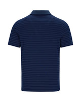 Marineblau gestreiftes Polohemd mit kurzen Ärmeln und Kragen, wahrscheinlich aus Baumwolle oder Polyestergemisch.