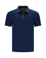 Marineblau gestreiftes Poloshirt mit halbem Reißverschlusskragen und kurzen Ärmeln.