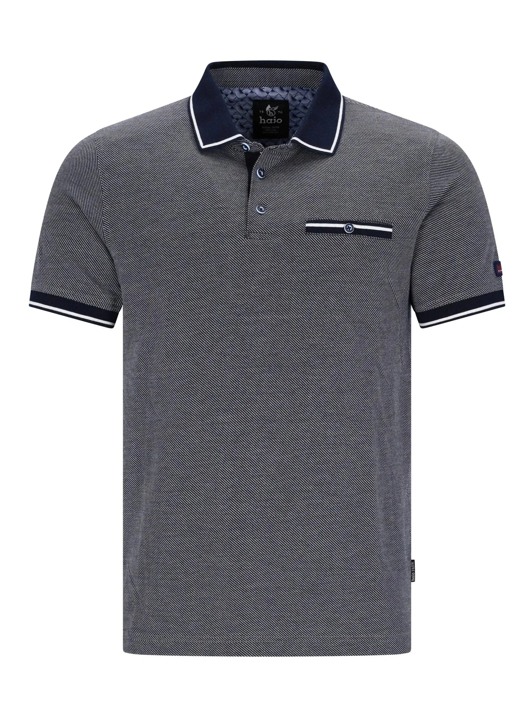 Graues Poloshirt mit navyblauem Kragen und Bündchen, diagonalem Jacquardmuster