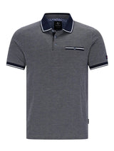 Graues Poloshirt mit navyblauem Kragen und Bündchen, diagonalem Jacquardmuster